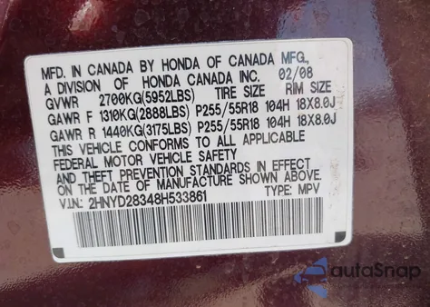 2008 Acura Mdx Technology Package из США, поврежденный, VIN 2HNYD28348H533861